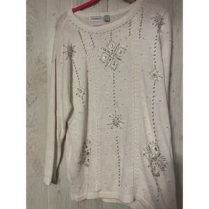 Vintage Shenanigans Women's Sweater Size M Cream Flower/Sequin/Beads‎